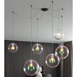 IRIS SOSPENSIONE 6 LUCI DECENTRATA NERA CON SFERE IN VETRO IRIDESCENTE LAMPADINE ATTACCO E27 MODERNO