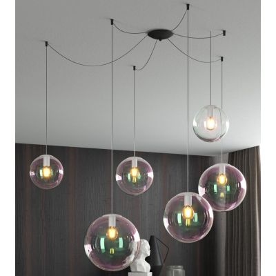 IRIS SOSPENSIONE 6 LUCI DECENTRATA NERA CON SFERE IN VETRO IRIDESCENTE LAMPADINE ATTACCO E27 MODERNO