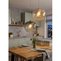 TIDE SOSPENSIONE SINGOLA D25 CM CON DIFFUSORE DI VETRO RIGATO AMBRA E FUME LAMPADINA ATTACCO E27 MODERNA