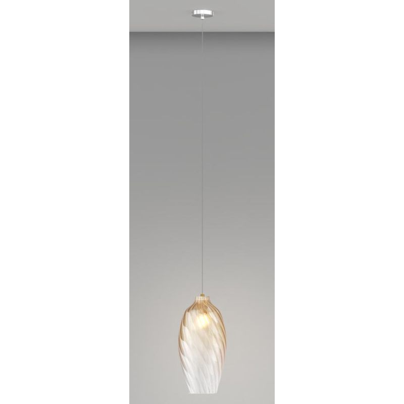 TIDE SOSPENSIONE SINGOLA D18 CM CON DIFFUSORE DI VETRO RIGATO AMBRA E BRONZO LAMPADINA ATTACCO E27 MODERNA