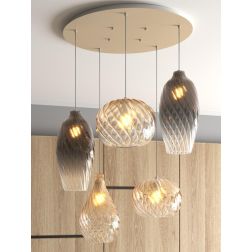 TIDE SOSPENSIONE ROTONDA 5 LUCI SABBIA CON DIFFUSORI IN VETRO RIGATO COLORATO LAMPADINE ATTACCO E27 MODERNA