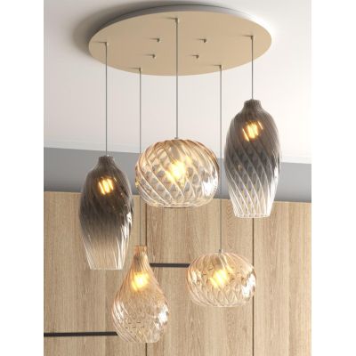 TIDE SOSPENSIONE ROTONDA 5 LUCI SABBIA CON DIFFUSORI IN VETRO RIGATO COLORATO LAMPADINE ATTACCO E27 MODERNA