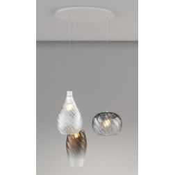 TIDE SOSPENSIONE ROTONDA 3 LUCI BIANCA CON DIFFUSORI IN VETRO RIGATO COLORATO LAMPADINE ATTACCO E27 MODERNA