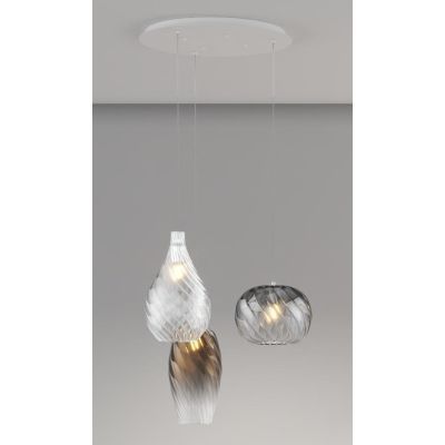 TIDE SOSPENSIONE ROTONDA 3 LUCI BIANCA CON DIFFUSORI IN VETRO RIGATO COLORATO LAMPADINE ATTACCO E27 MODERNA