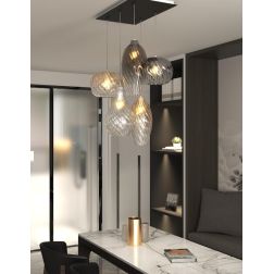 TIDE SOSPENSIONE 5 LUCI NERA CON DIFFUSORI IN VETRO RIGATO COLORATO LAMPADINE ATTACCO E27 MODERNA 2