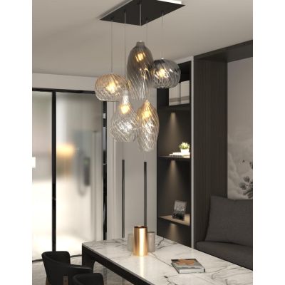 TIDE SOSPENSIONE 5 LUCI NERA CON DIFFUSORI IN VETRO RIGATO COLORATO LAMPADINE ATTACCO E27 MODERNA