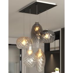TIDE SOSPENSIONE 5 LUCI NERA CON DIFFUSORI IN VETRO RIGATO COLORATO LAMPADINE ATTACCO E27 MODERNA