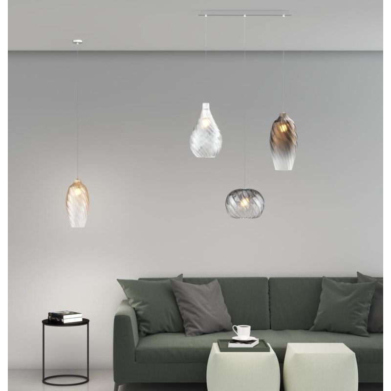 TIDE SOSPENSIONE LINEARE 3 LUCI BIANCA CON DIFFUSORI IN VETRO RIGATO COLORATO LAMPADINE ATTACCO E27 MODERNA