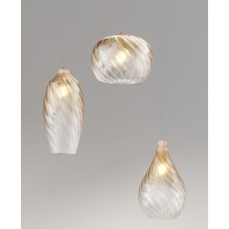 TIDE SOSPENSIONE 3 LUCI OTTONE DECENTRATA CON DIFFUSORI IN VETRO RIGATO AMBRA LAMPADINE ATTACCO E27 MODERNA 2