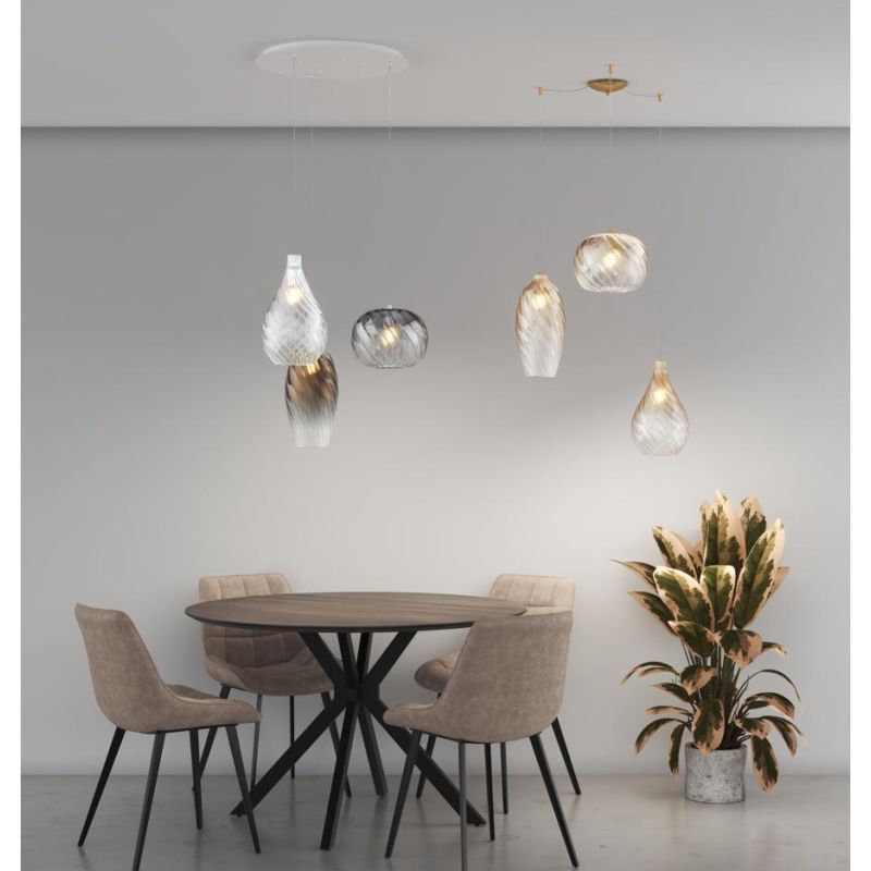 TIDE SOSPENSIONE 3 LUCI OTTONE DECENTRATA CON DIFFUSORI IN VETRO RIGATO AMBRA LAMPADINE ATTACCO E27 MODERNA