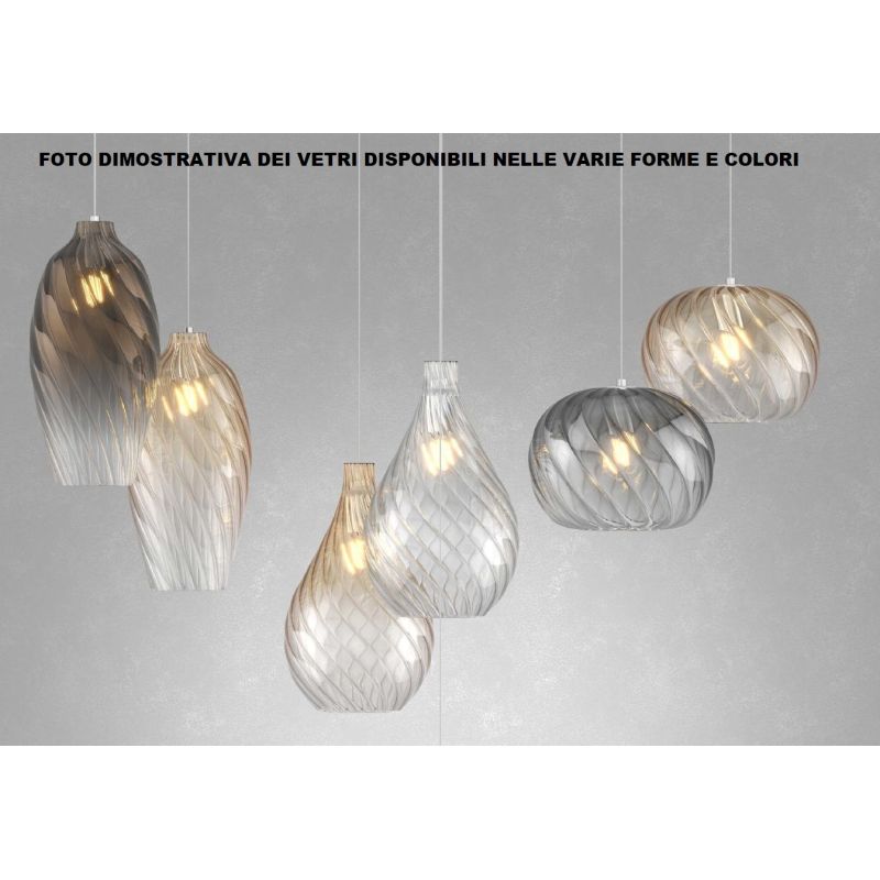 TIDE SOSPENSIONE 3 LUCI OTTONE DECENTRATA CON DIFFUSORI IN VETRO RIGATO AMBRA LAMPADINE ATTACCO E27 MODERNA