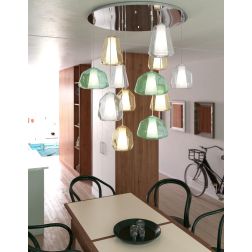 DOUBLE SKIN SOSPENSIONE ROTONDA 12 LUCI DIFFUSORI IN VETRO COLORATO LAMPADINE ATTACCO E27 MODERNA 2