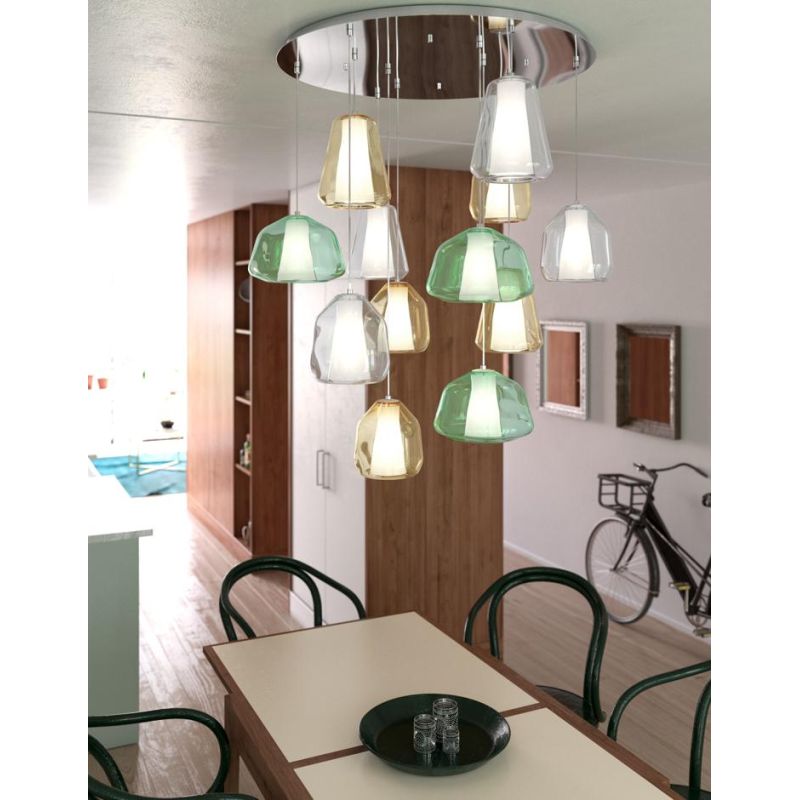 DOUBLE SKIN SOSPENSIONE ROTONDA 12 LUCI DIFFUSORI IN VETRO COLORATO LAMPADINE ATTACCO E27 MODERNA