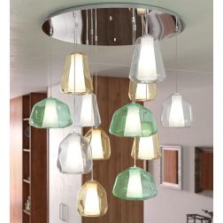 DOUBLE SKIN SOSPENSIONE ROTONDA 12 LUCI DIFFUSORI IN VETRO COLORATO LAMPADINE ATTACCO E27 MODERNA