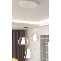 DOUBLE SKIN SOSPENSIONE ROTONDA 3 LUCI BIANCA DIFFUSORI IN VETRO TRASPARENTE LAMPADINE ATTACCO E27 MODERNA