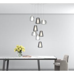 DOUBLE SKIN SOSPENSIONE ROTONDA 8 LUCI BIANCA DIFFUSORI IN VETRO FUME E TRASPARENTE LAMPADINE ATTACCO E27 2