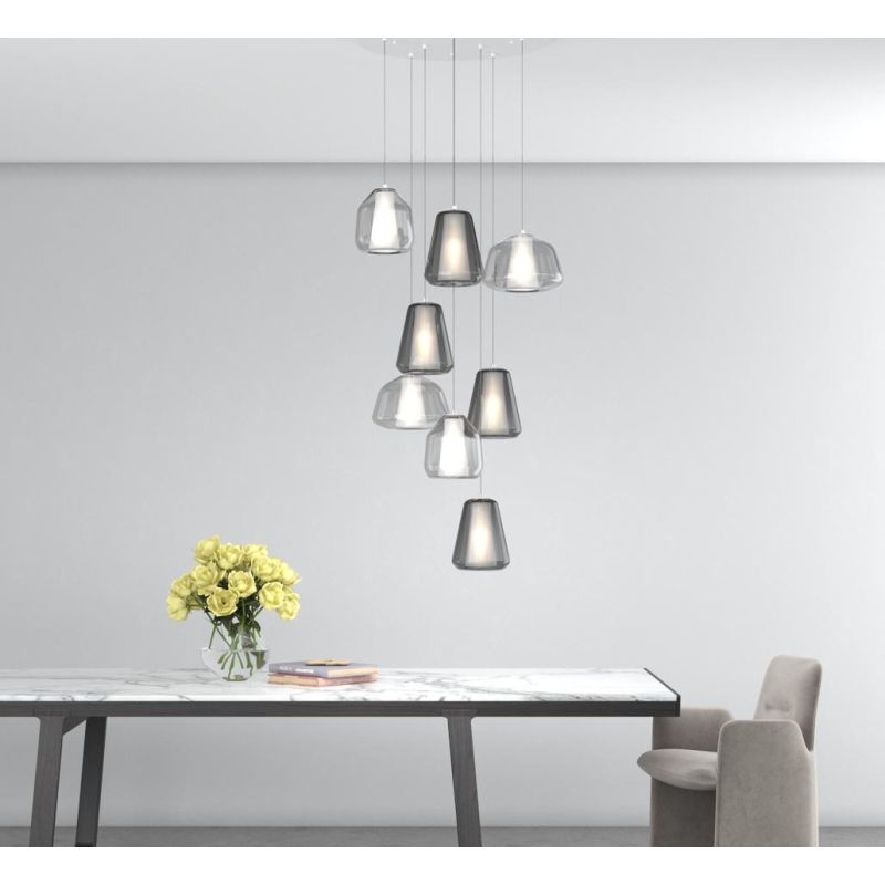 DOUBLE SKIN SOSPENSIONE ROTONDA 8 LUCI BIANCA DIFFUSORI IN VETRO FUME E TRASPARENTE LAMPADINE ATTACCO E27