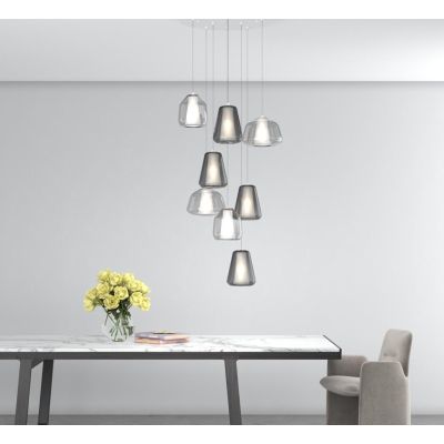 DOUBLE SKIN SOSPENSIONE ROTONDA 8 LUCI BIANCA DIFFUSORI IN VETRO FUME E TRASPARENTE LAMPADINE ATTACCO E27