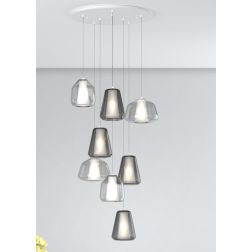 DOUBLE SKIN SOSPENSIONE ROTONDA 8 LUCI BIANCA DIFFUSORI IN VETRO FUME E TRASPARENTE LAMPADINE ATTACCO E27