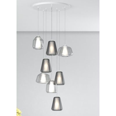 DOUBLE SKIN SOSPENSIONE ROTONDA 8 LUCI BIANCA DIFFUSORI IN VETRO FUME E TRASPARENTE LAMPADINE ATTACCO E27