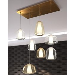 DOUBLE SKIN SOSPENSIONE RETTANGOLARE 7 LUCI OTTONE DIFFUSORI IN VETRO COLORATO LAMPADINE ATTACCO E27