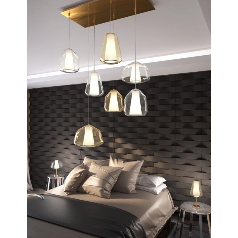 DOUBLE SKIN SOSPENSIONE RETTANGOLARE 7 LUCI OTTONE DIFFUSORI IN VETRO COLORATO LAMPADINE ATTACCO E27