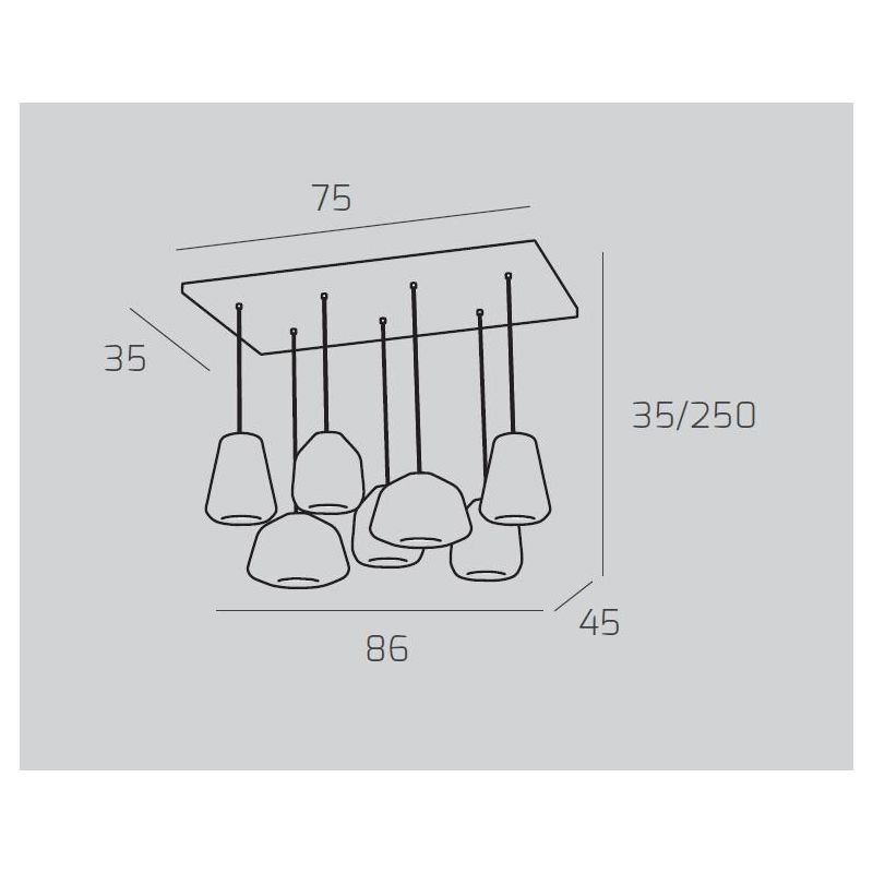 DOUBLE SKIN SOSPENSIONE RETTANGOLARE 7 LUCI OTTONE DIFFUSORI IN VETRO COLORATO LAMPADINE ATTACCO E27