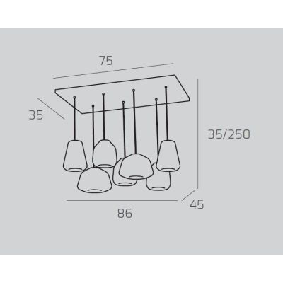 DOUBLE SKIN SOSPENSIONE RETTANGOLARE 7 LUCI OTTONE DIFFUSORI IN VETRO COLORATO LAMPADINE ATTACCO E27