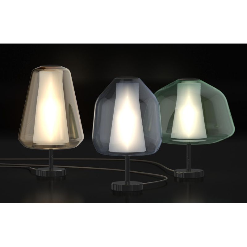 DOUBLE SKIN GAMMA LUMETTO CON BASE CROMO E DIFFUSORE IN VETRO AMBRA,FUME O TRASPARENTE LAMPADINA ATTACCO E27