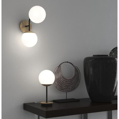 CLEAR LAMPADA DA TAVOLO MODERNA IN METALLO NERO E OTTONE CON DIFFUSORE A SFERA BIANCO LAMPADINA ATTACCO E27