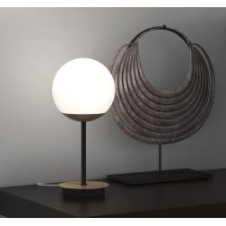 CLEAR LAMPADA DA TAVOLO MODERNA IN METALLO NERO E OTTONE CON DIFFUSORE A SFERA BIANCO LAMPADINA ATTACCO E27