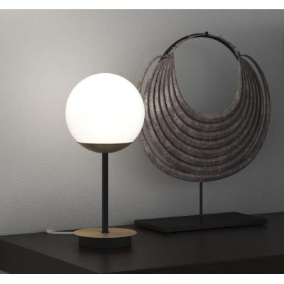 CLEAR LAMPADA DA TAVOLO MODERNA IN METALLO NERO E OTTONE CON DIFFUSORE A SFERA BIANCO LAMPADINA ATTACCO E27