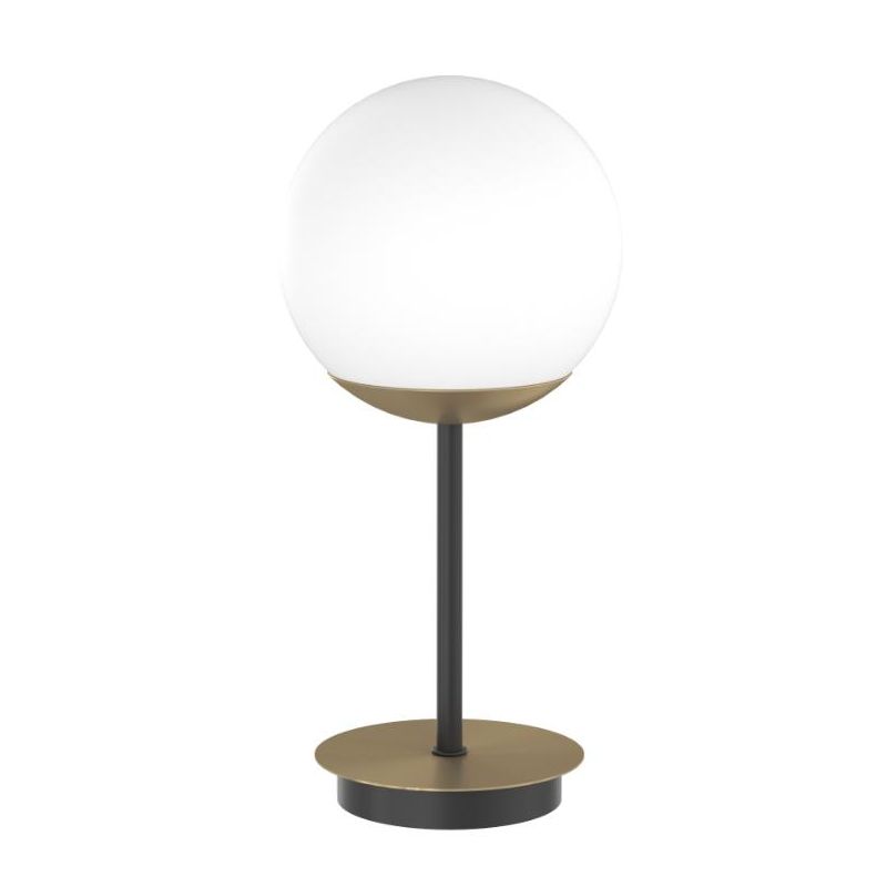 CLEAR LAMPADA DA TAVOLO MODERNA IN METALLO NERO E OTTONE CON DIFFUSORE A SFERA BIANCO LAMPADINA ATTACCO E27
