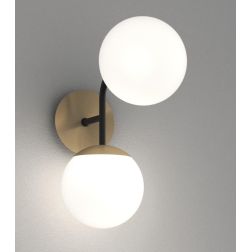 CLEAR APPLIQUE 2 LUCI IN METALLO NERO E OTTONE CON DIFFUSORI A SFERA BIANCO MODERNA LAMPADINA ATTACCO E27