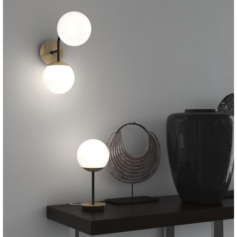 CLEAR APPLIQUE 2 LUCI IN METALLO NERO E OTTONE CON DIFFUSORI A SFERA BIANCO MODERNA LAMPADINA ATTACCO E27