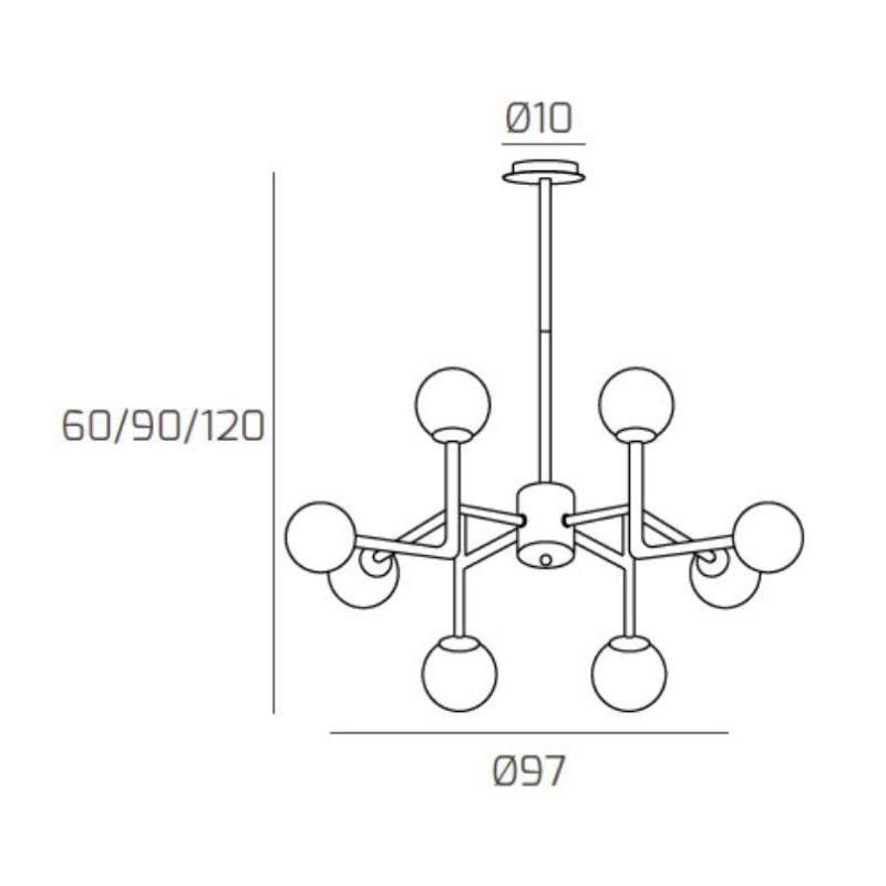 CLEAR LAMPADARIO AD 8 LUCI IN METALLO NERO E OTTONE CON DIFFUSORI A SFERA BIANCHI MODERNO LAMPADINE ATTACCO E27