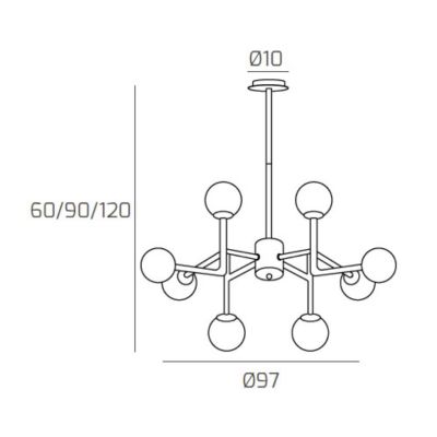 CLEAR LAMPADARIO AD 8 LUCI IN METALLO NERO E OTTONE CON DIFFUSORI A SFERA BIANCHI MODERNO LAMPADINE ATTACCO E27