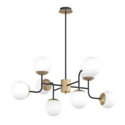 CLEAR LAMPADARIO AD 8 LUCI IN METALLO NERO E OTTONE CON DIFFUSORI A SFERA BIANCHI MODERNO LAMPADINE ATTACCO E27 2
