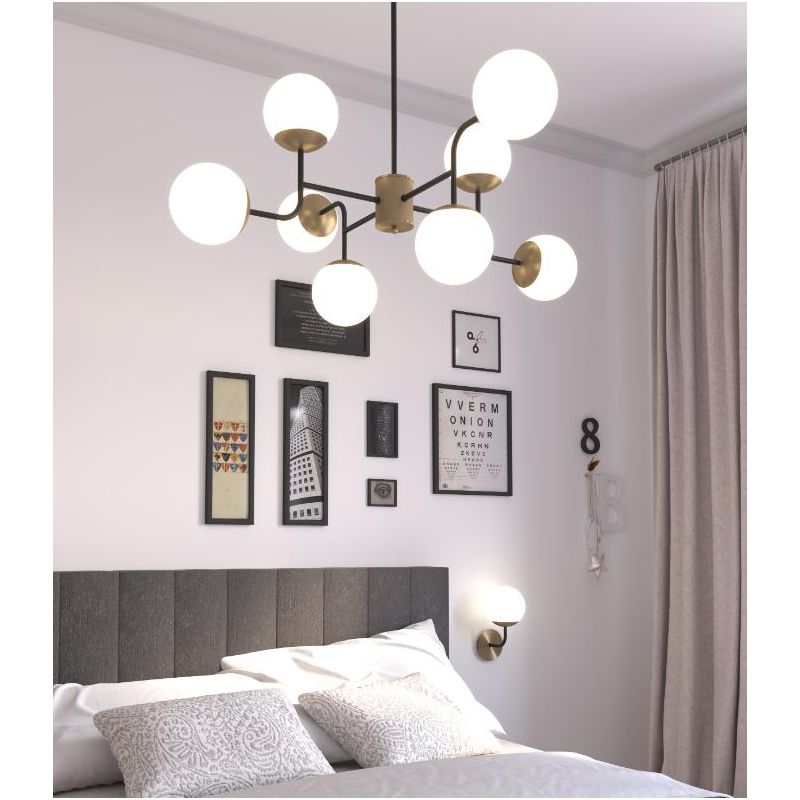 CLEAR LAMPADARIO AD 8 LUCI IN METALLO NERO E OTTONE CON DIFFUSORI A SFERA BIANCHI MODERNO LAMPADINE ATTACCO E27