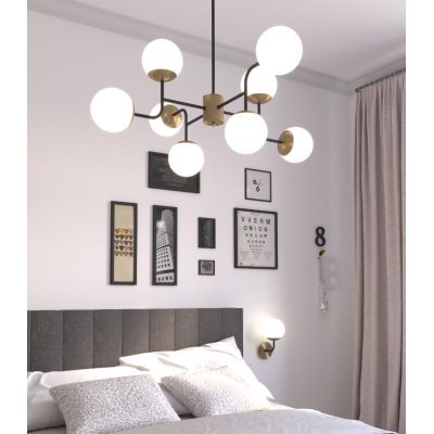 CLEAR LAMPADARIO AD 8 LUCI IN METALLO NERO E OTTONE CON DIFFUSORI A SFERA BIANCHI MODERNO LAMPADINE ATTACCO E27