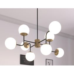 CLEAR LAMPADARIO AD 8 LUCI IN METALLO NERO E OTTONE CON DIFFUSORI A SFERA BIANCHI MODERNO LAMPADINE ATTACCO E27