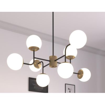 CLEAR LAMPADARIO AD 8 LUCI IN METALLO NERO E OTTONE CON DIFFUSORI A SFERA BIANCHI MODERNO LAMPADINE ATTACCO E27