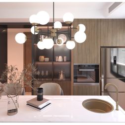 CLEAR LAMPADARIO 12 LUCI IN METALLO NERO E OTTONE CON DIFFUSORI A SFERA BIANCHI MODERNO LAMPADINE ATTACCO E27