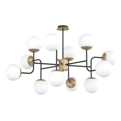 CLEAR LAMPADARIO 12 LUCI IN METALLO NERO E OTTONE CON DIFFUSORI A SFERA BIANCHI MODERNO LAMPADINE ATTACCO E27