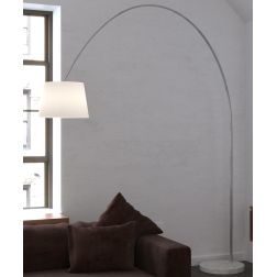 TURNING PIANTANA AD ARCO BASE IN MARMO BIANCO PARALUME A CONO IN TESSUTO BIANCO O NERO LAMPADINA ATTACCO E27 2