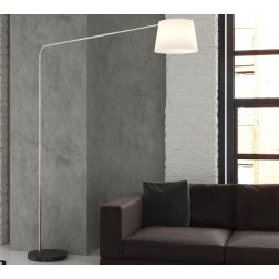 CORNER PIANTANA CON BASE ROTONDA PIATTA IN MARMO NERO E PARALUME IN TESSUTO O METALLO NICHEL LAMPADINA E27 2