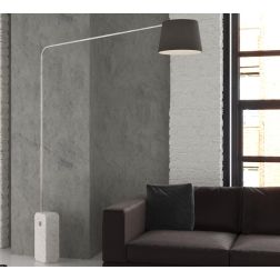 CORNER PIANTANA CON BASE PARALLELEPIPEDO IN MARMO BIANCO E PARALUME IN TESSUTO O METALLO NICHEL LAMPADINA E27