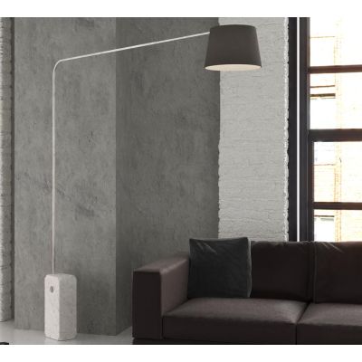 CORNER PIANTANA CON BASE PARALLELEPIPEDO IN MARMO BIANCO E PARALUME IN TESSUTO O METALLO NICHEL LAMPADINA E27
