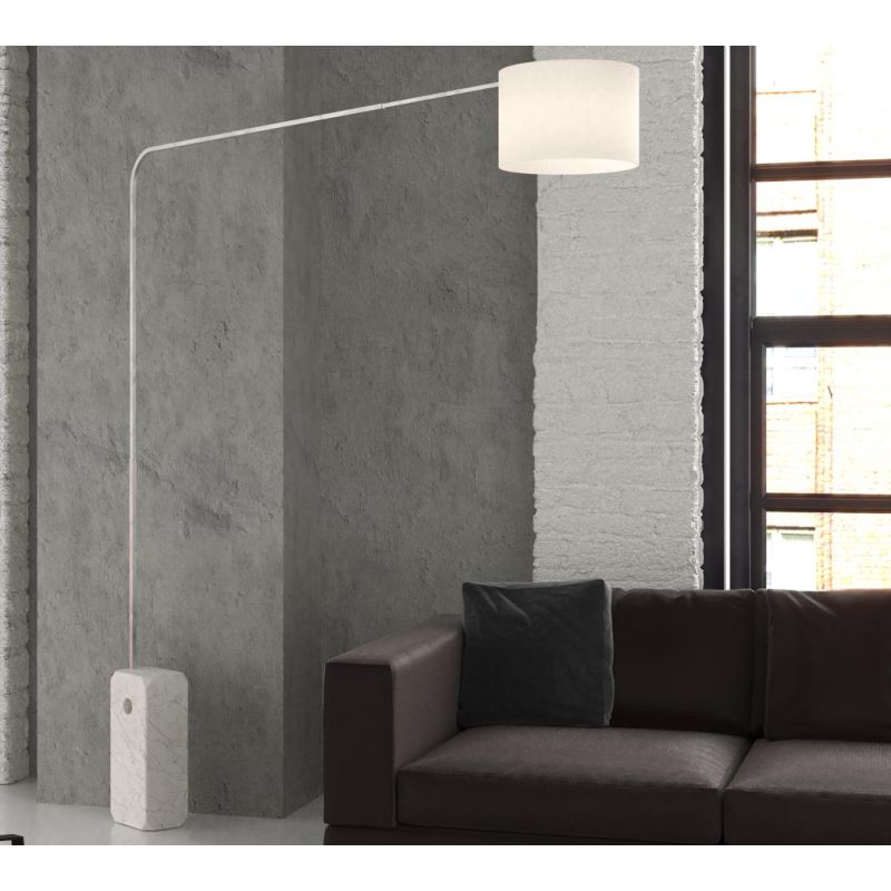 CORNER PIANTANA CON BASE PARALLELEPIPEDO IN MARMO BIANCO E PARALUME IN TESSUTO O METALLO NICHEL LAMPADINA E27