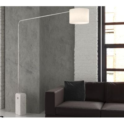 CORNER PIANTANA CON BASE PARALLELEPIPEDO IN MARMO BIANCO E PARALUME IN TESSUTO O METALLO NICHEL LAMPADINA E27
